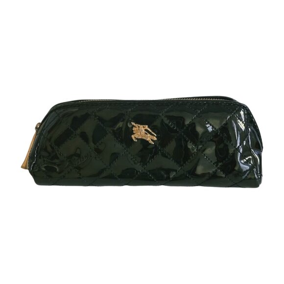 Rare BURBERRY Quilted Patent Leather Cosmetic Bag Black Gold Hardware Case - Picture 1 of 11